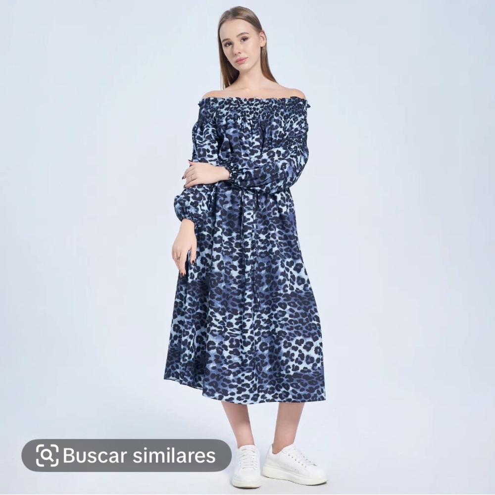 Elegant Blue Leopard Print Off-Shoulder Dress